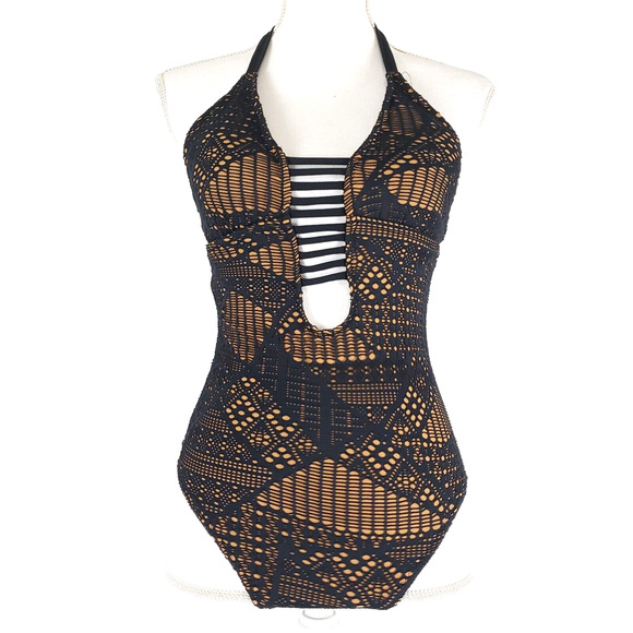 NEW!! Mossimo SIZE S Lace Crochet Overlay Halter One Piece Swimsuit Black Cute - Picture 1 of 12